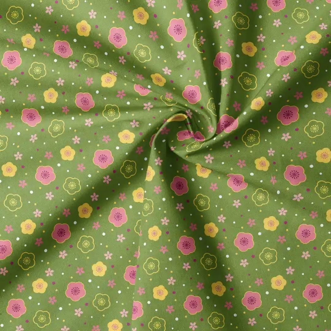 Handmayk Multi-Purpose Polyester Fabric (Pre-Cut) - Floral Collection (Wiggly Green)
